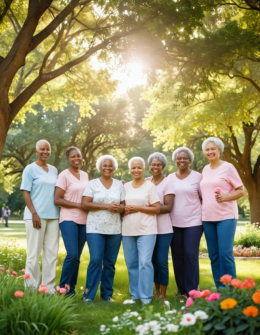 A serene and uplifting scene depicting a diverse group of cancer survivors, standing together in a lush, sunlit park, with vibrant flowers and trees around them. They are engaged in supportive activities such as sharing stories, exercising, and enjoying healthy meals. The image conveys hope, resilience, and community, emphasizing holistic health and wellness. soft colors. super-realistic. warm lighting.