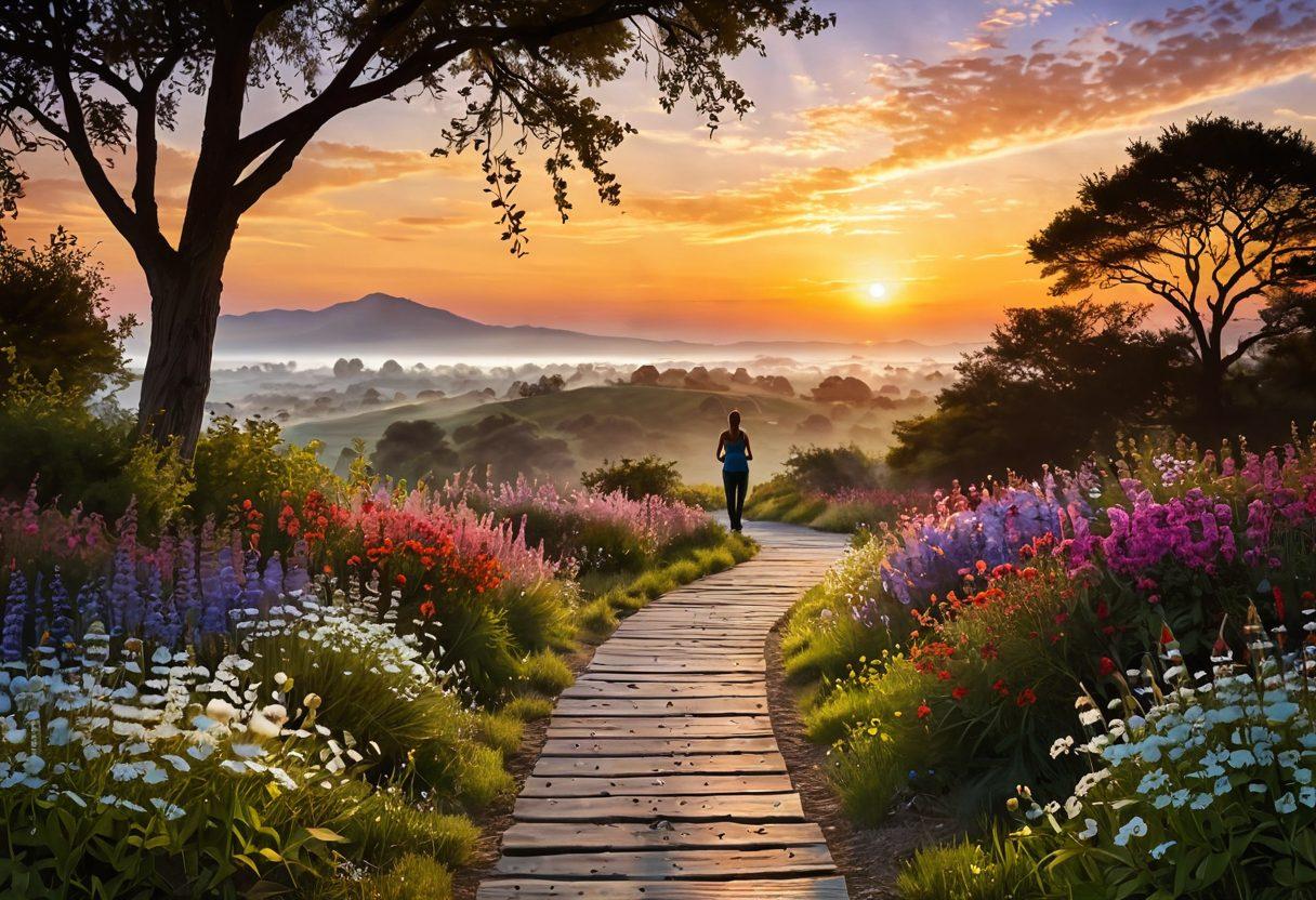 A serene landscape depicting a path lined with blooming flowers, leading towards a sunrise symbolizing hope and new beginnings. Silhouettes of diverse individuals engaging in wellness activities like yoga and meditation along the path, with a subtle representation of strength and resilience in the background. The overall atmosphere should evoke positivity and healing. vibrant colors. super-realistic. uplifting.