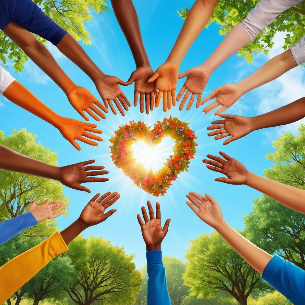 A compassionate scene depicting a diverse group of individuals engaged in support activities for cancer survivors, with warm and inviting colors. Include elements like a group discussion circle, hands holding a heart symbol, and resources such as pamphlets and plants representing growth. The background should feature a serene park with a clear blue sky, symbolizing hope and community. super-realistic. vibrant colors. peaceful atmosphere.